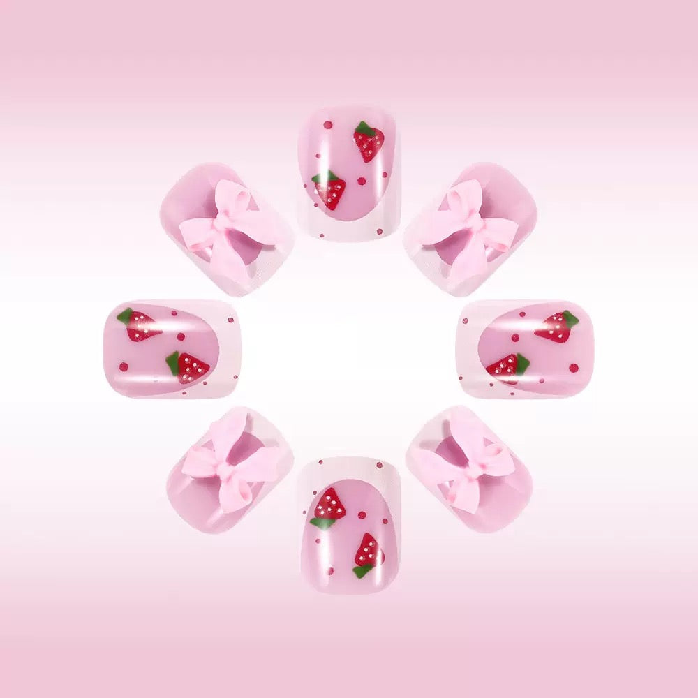 Valentine’s Day Short Glossy French Press-On Nails with Bow and Strawberry Design
