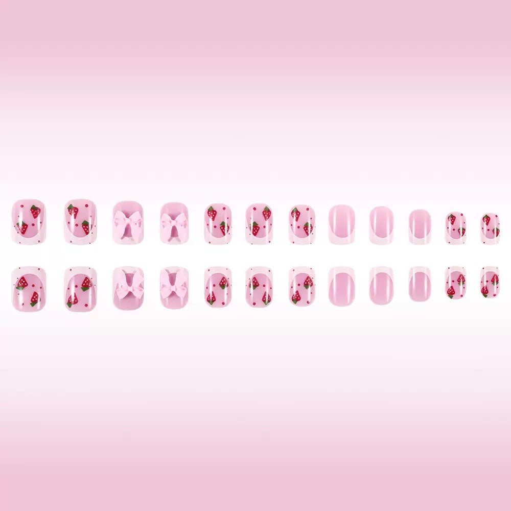 Valentine’s Day Short Glossy French Press-On Nails with Bow and Strawberry Design