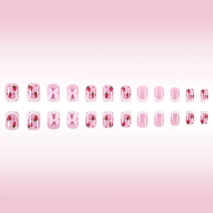 Valentine’s Day Short Glossy French Press-On Nails with Bow and Strawberry Design