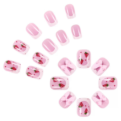 Valentine’s Day Short Glossy French Press-On Nails with Bow and Strawberry Design