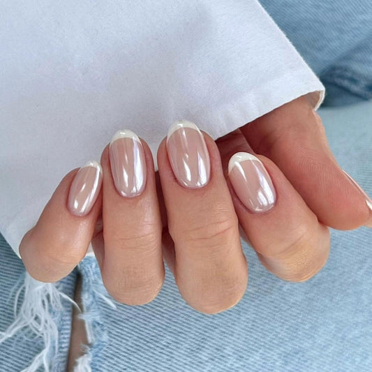 French-Style Elegant Nude with White Tips Short Press-On Nails with Ambient Aesthetic