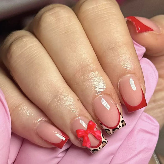 Valentine’s Day Edgy Red French Tip Leopard Print Color-Block Sweet Bow Press-On Nails
