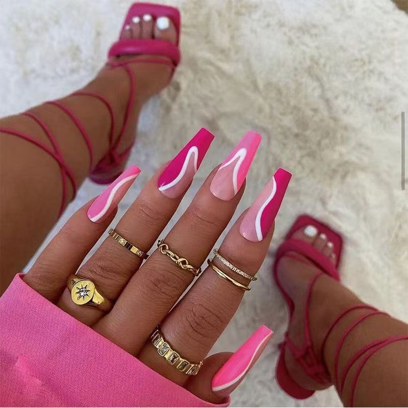 Trendy Western-Style Hot Girl Rose Red Press-On Nails with White Stripes