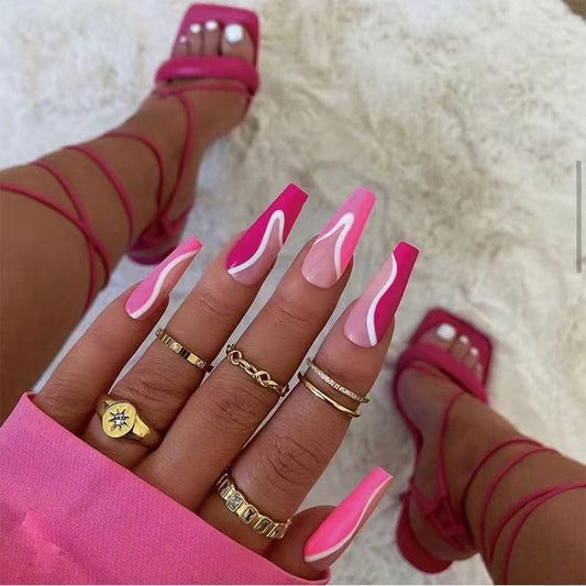 Trendy Western-Style Hot Girl Rose Red Press-On Nails with White Stripes