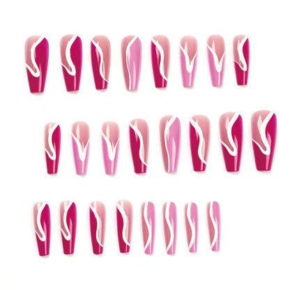 Trendy Western-Style Hot Girl Rose Red Press-On Nails with White Stripes
