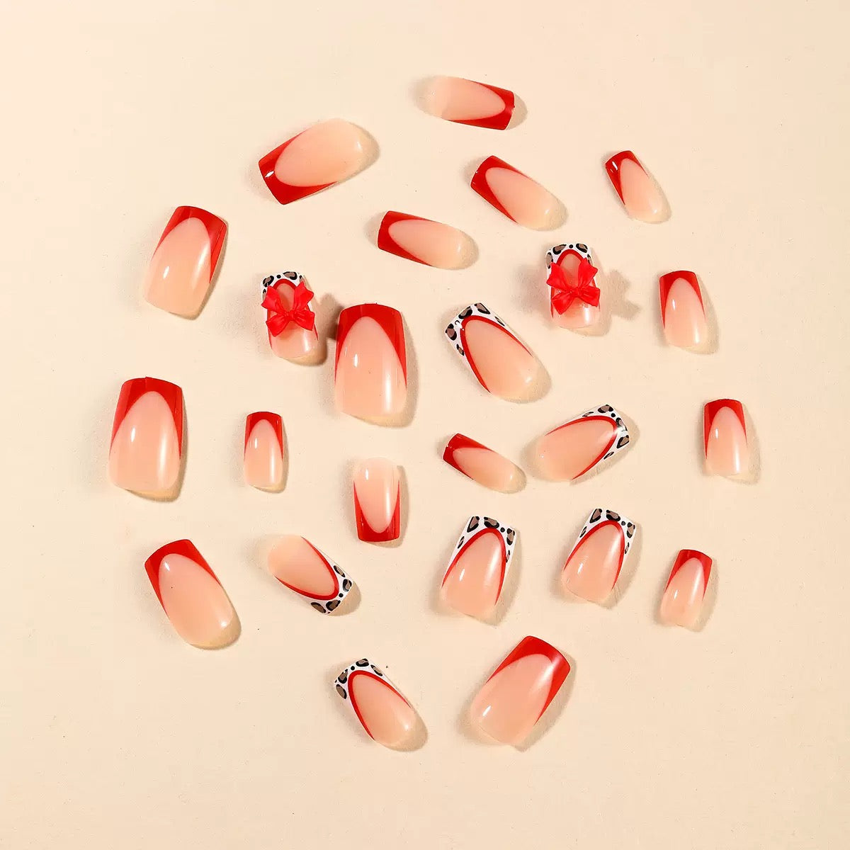 Valentine’s Day Edgy Red French Tip Leopard Print Color-Block Sweet Bow Press-On Nails