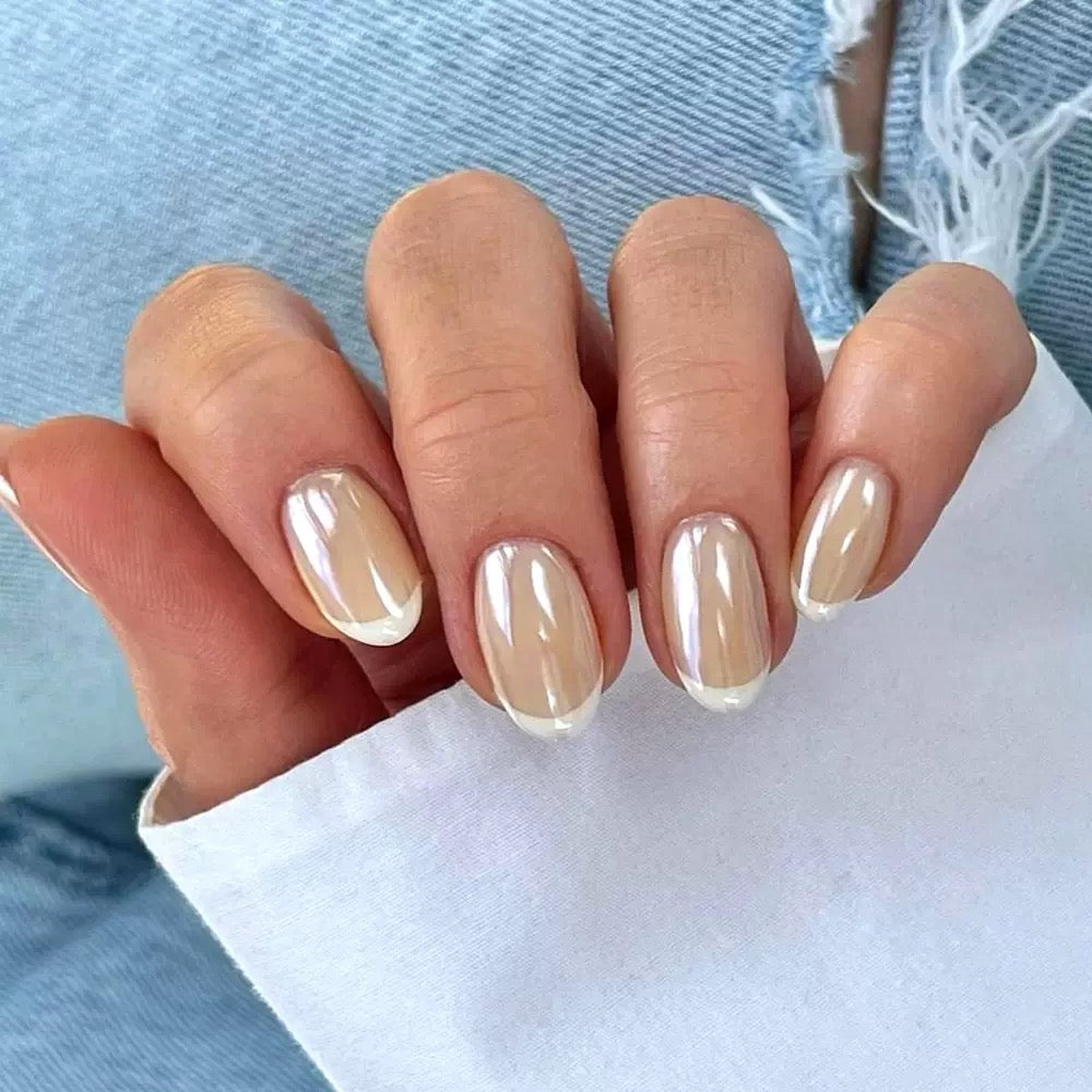 French-Style Elegant Nude with White Tips Short Press-On Nails with Ambient Aesthetic