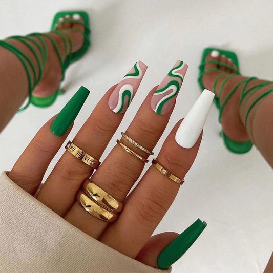 Mid-Length Ballet Press-On Nails in Green Wavy Color-Block Design