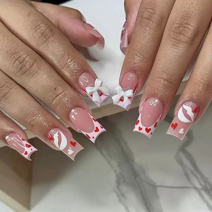 Valentine’s Day Medium Coffin Glossy French Press-On Nails with Heart and Bow Design