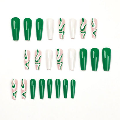 Mid-Length Ballet Press-On Nails in Green Wavy Color-Block Design