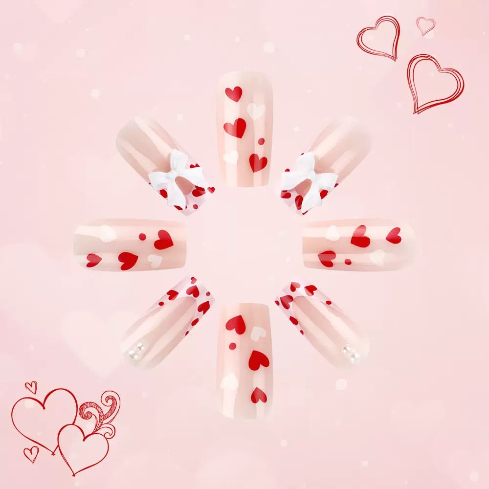 Valentine’s Day Medium Coffin Glossy French Press-On Nails with Heart and Bow Design