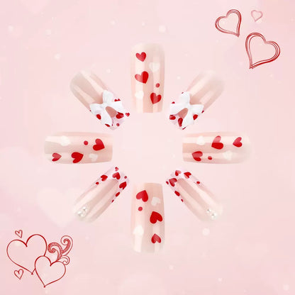 Valentine’s Day Medium Coffin Glossy French Press-On Nails with Heart and Bow Design