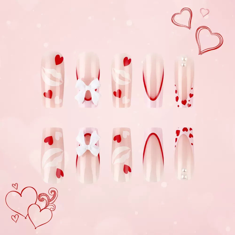 Valentine’s Day Medium Coffin Glossy French Press-On Nails with Heart and Bow Design