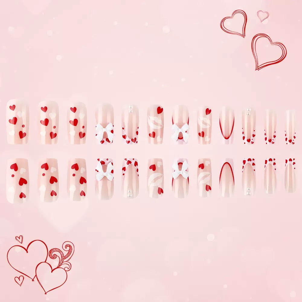 Valentine’s Day Medium Coffin Glossy French Press-On Nails with Heart and Bow Design