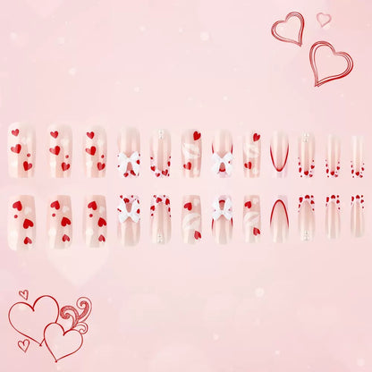Valentine’s Day Medium Coffin Glossy French Press-On Nails with Heart and Bow Design