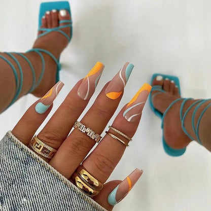 Mid-Length Press-On Nails for a Fresh Hot Girl Look in Yellow, Blue & White Stripes