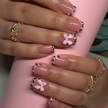 Valentine’s Day Pink Leopard Print Color-Block Bow Removable Press-On Nails