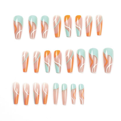 Mid-Length Press-On Nails for a Fresh Hot Girl Look in Yellow, Blue & White Stripes