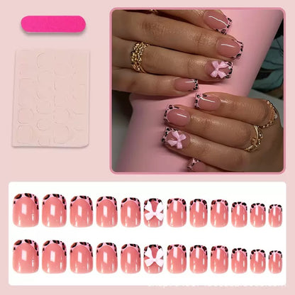 Valentine’s Day Pink Leopard Print Color-Block Bow Removable Press-On Nails