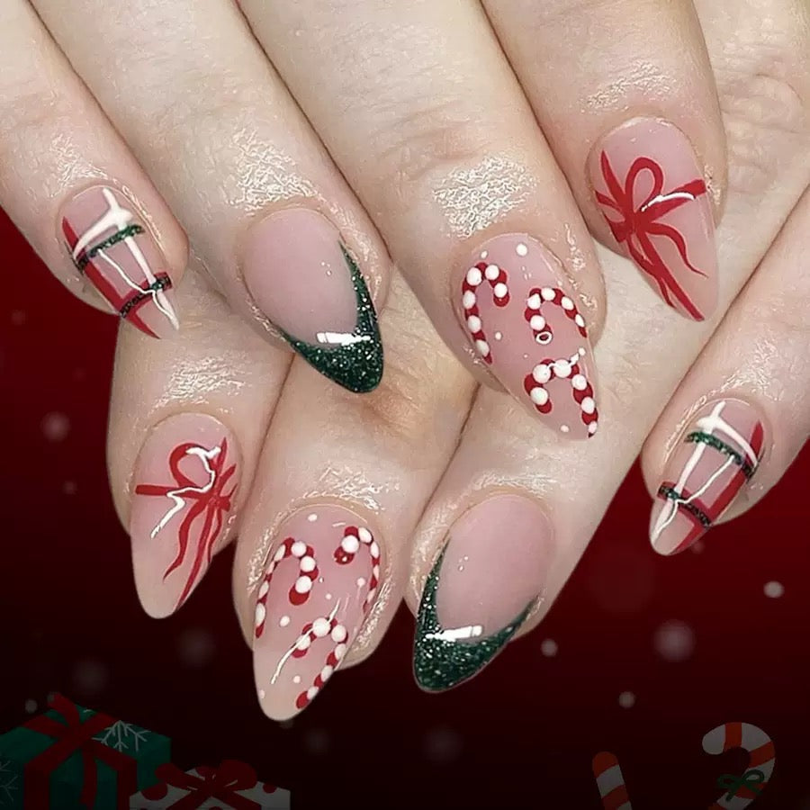 Christmas Medium Teardrop Glossy Green French Press-On Nails with Glitter Candy Cane Plaid and Gift Design