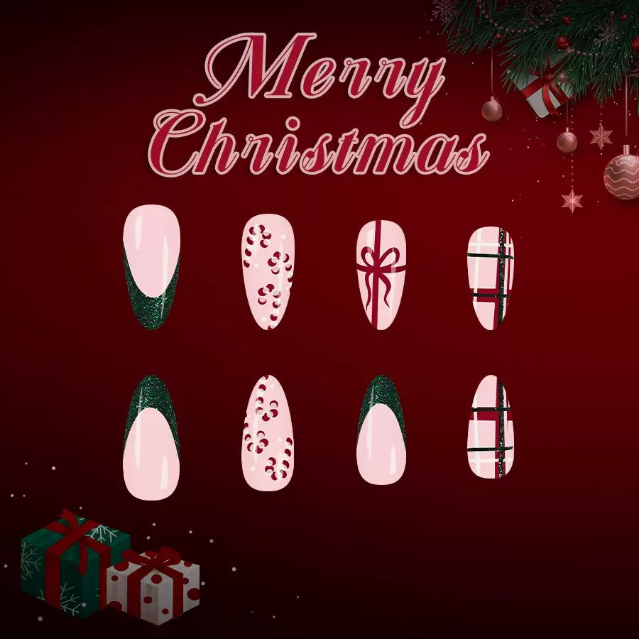Christmas Medium Teardrop Glossy Green French Press-On Nails with Glitter Candy Cane Plaid and Gift Design