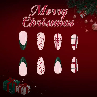 Christmas Medium Teardrop Glossy Green French Press-On Nails with Glitter Candy Cane Plaid and Gift Design
