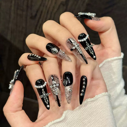Handmade Gothic Lace Press-On Nails with Cross for a Dark Hot Girl Look