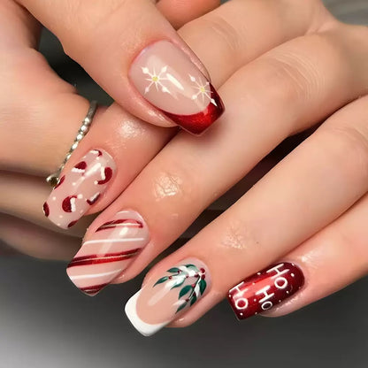 Christmas Short Striped Press-On Nails with Letters, Snowflakes, Holly Berries, and Glossy Finish