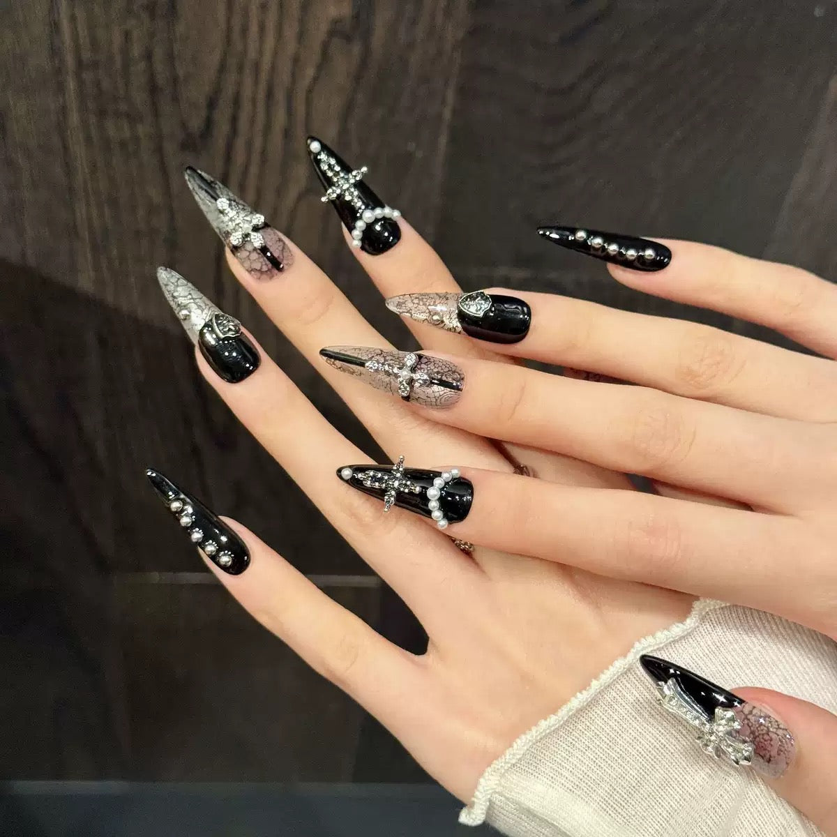 Handmade Gothic Lace Press-On Nails with Cross for a Dark Hot Girl Look