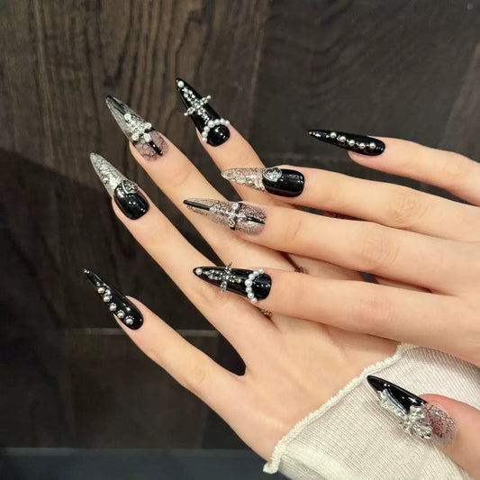 Handmade Gothic Lace Press-On Nails with Cross for a Dark Hot Girl Look