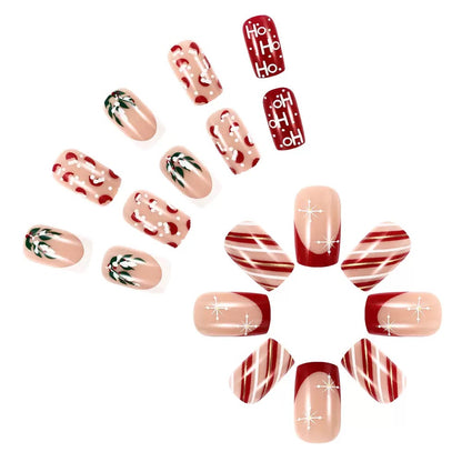 Christmas Short Striped Press-On Nails with Letters, Snowflakes, Holly Berries, and Glossy Finish