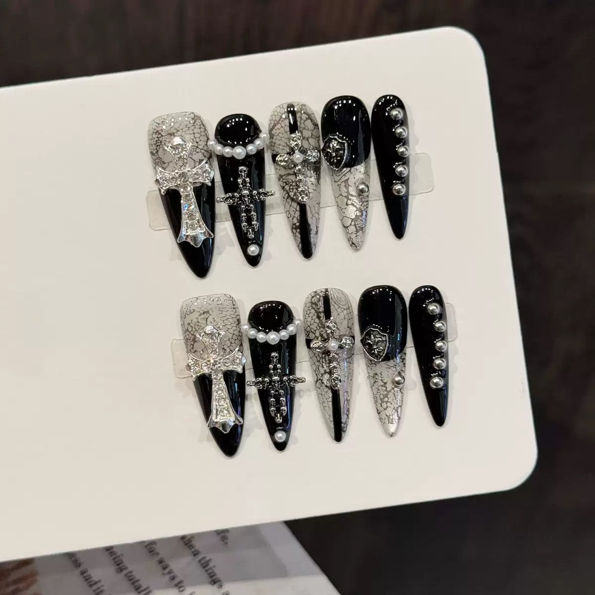 Handmade Gothic Lace Press-On Nails with Cross for a Dark Hot Girl Look