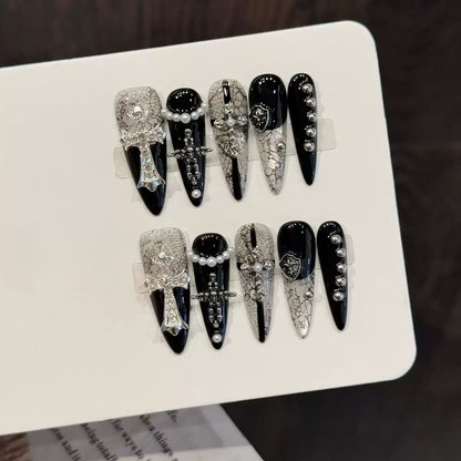 Handmade Gothic Lace Press-On Nails with Cross for a Dark Hot Girl Look