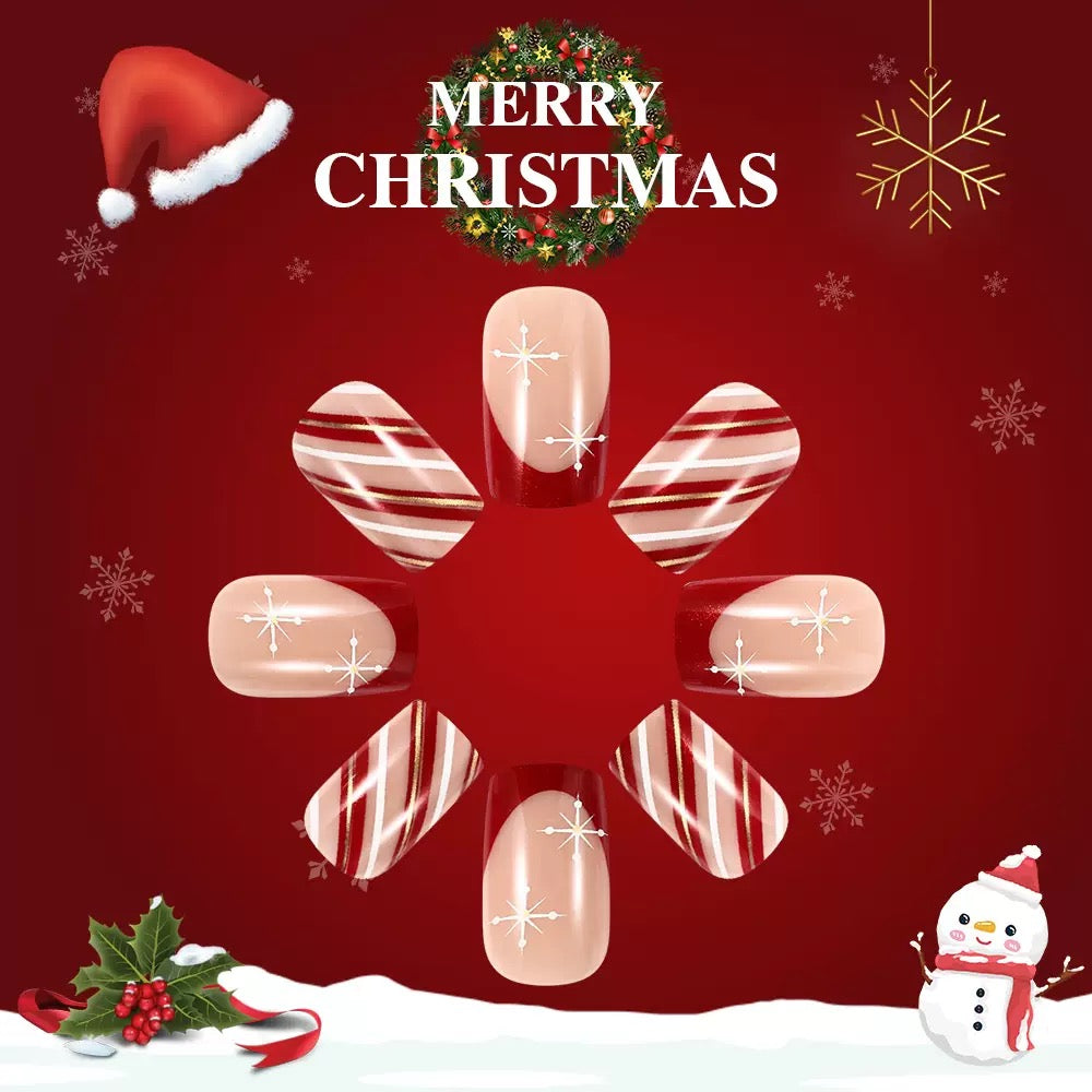 Christmas Short Striped Press-On Nails with Letters, Snowflakes, Holly Berries, and Glossy Finish