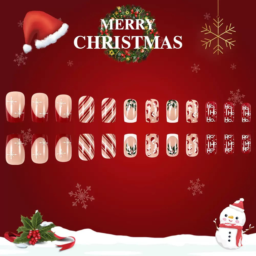 Christmas Short Striped Press-On Nails with Letters, Snowflakes, Holly Berries, and Glossy Finish