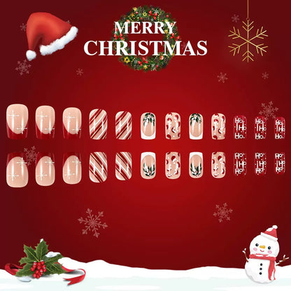 Christmas Short Striped Press-On Nails with Letters, Snowflakes, Holly Berries, and Glossy Finish