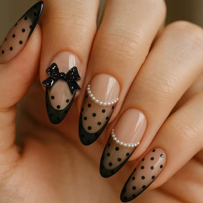 French Sexy Girl Nude Pink & Black Polka Dot Bow Pearl Press-On Nails