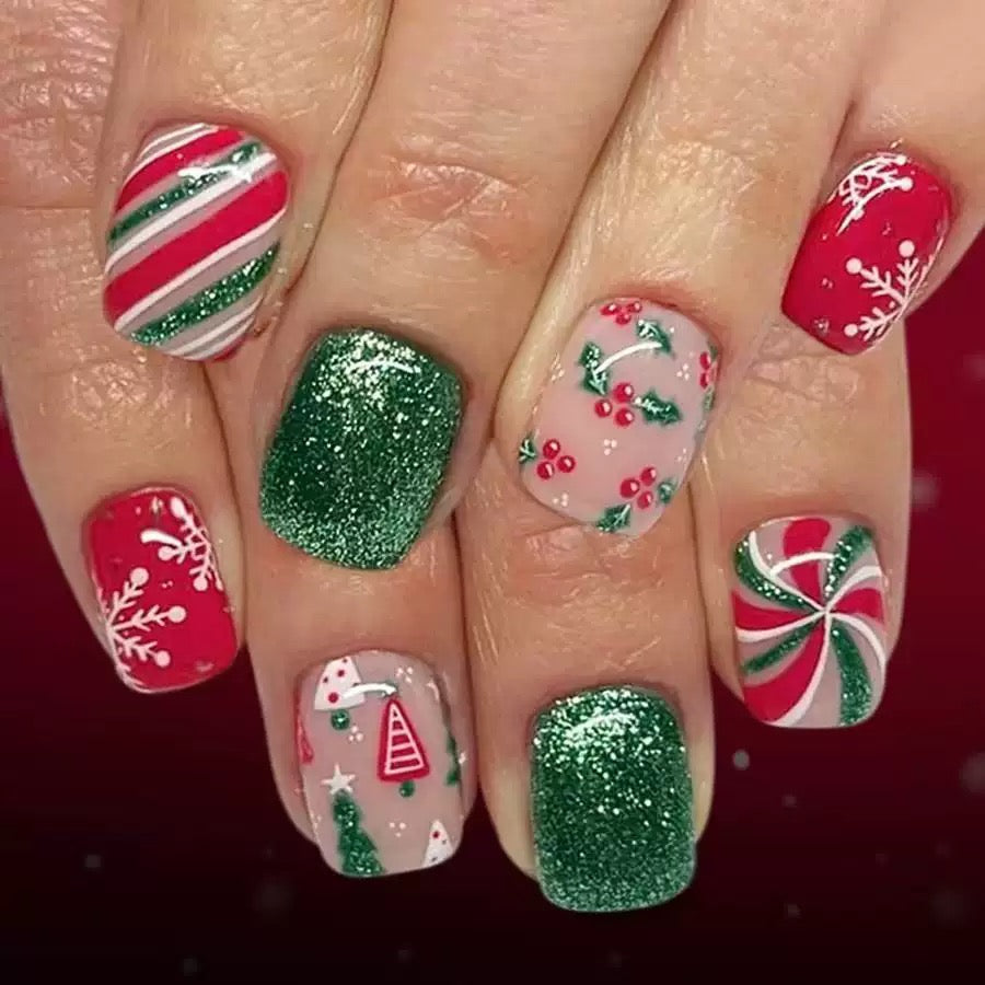 Christmas Short Glossy Square Press-On Nails with Snowflakes, Christmas Tree, Red & Green Stripes, and Glitter