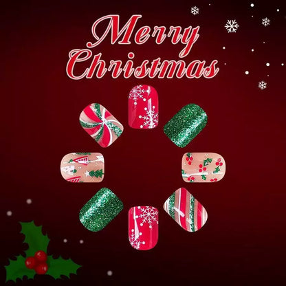 Christmas Short Glossy Square Press-On Nails with Snowflakes, Christmas Tree, Red & Green Stripes, and Glitter