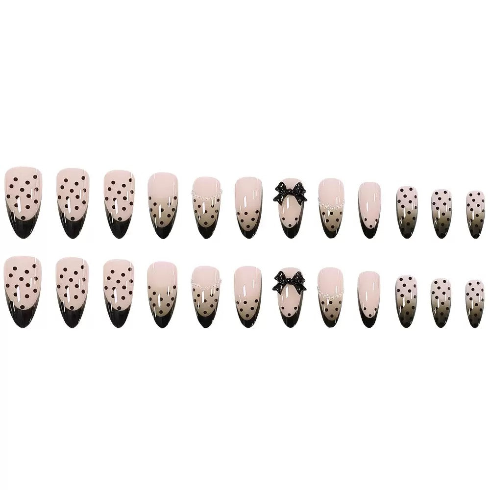 French Sexy Girl Nude Pink & Black Polka Dot Bow Pearl Press-On Nails