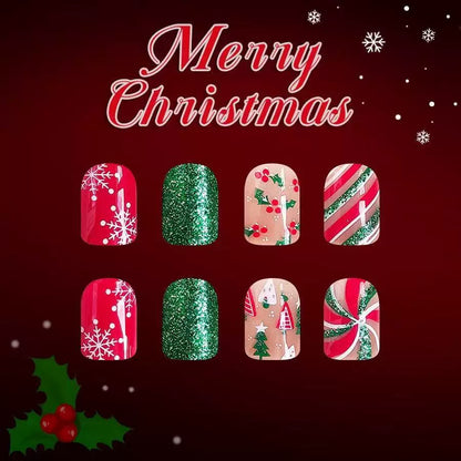 Christmas Short Glossy Square Press-On Nails with Snowflakes, Christmas Tree, Red & Green Stripes, and Glitter