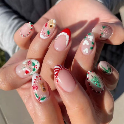 Christmas Christmas Tree, Santa Hat, Bow, and Candy Almond Press-On Nails