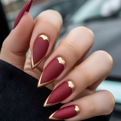 French Sexy Girl Burgundy 3D Textured Gold-Accented Press-On Nails
