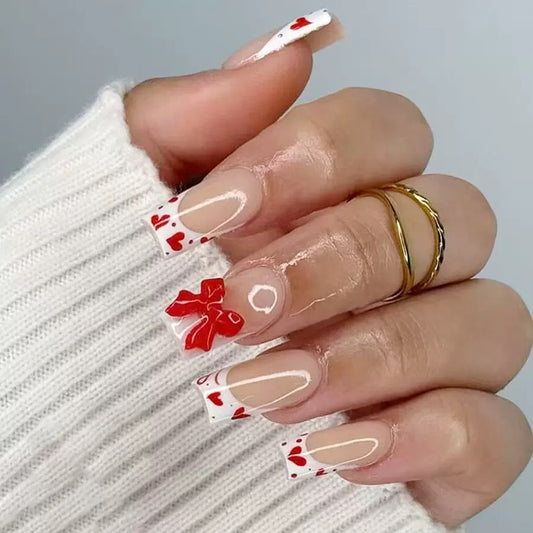 Valentine’s Day Glossy White French Press-On Nails with Heart and Bow Design