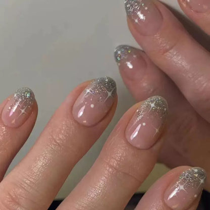 Silver Glitter French White Starburst Press-On Nails