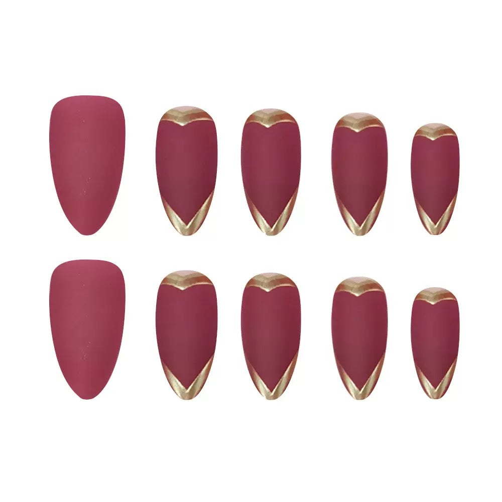 French Sexy Girl Burgundy 3D Textured Gold-Accented Press-On Nails