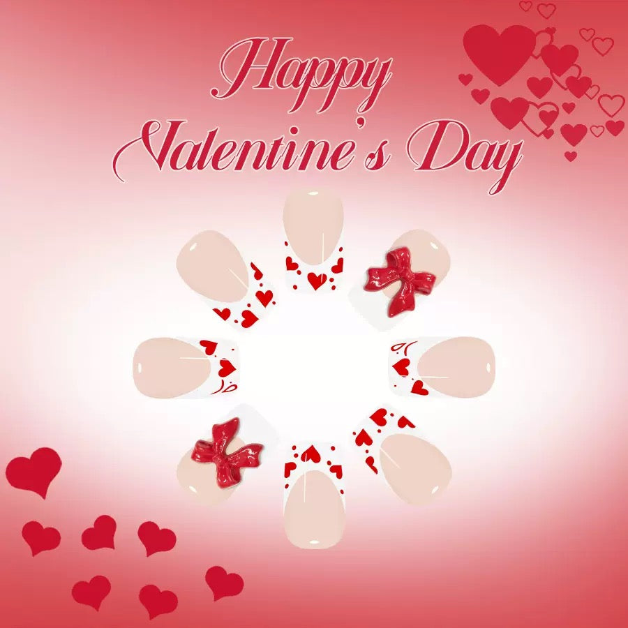 Valentine’s Day Glossy White French Press-On Nails with Heart and Bow Design