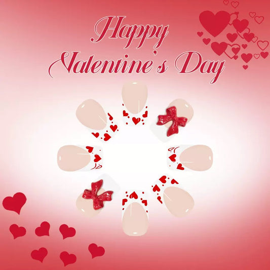 Valentine’s Day Glossy White French Press-On Nails with Heart and Bow Design
