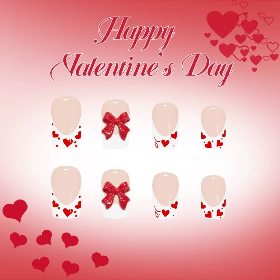 Valentine’s Day Glossy White French Press-On Nails with Heart and Bow Design