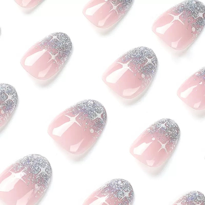 Silver Glitter French White Starburst Press-On Nails